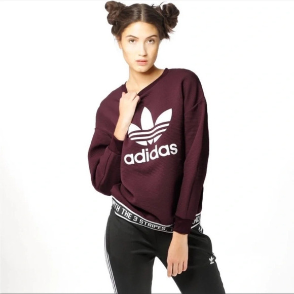 Adidas Maroon White Trefoil 3 Stripes Banded Sweatshirt Top Women's Size Small - Picture 6 of 12